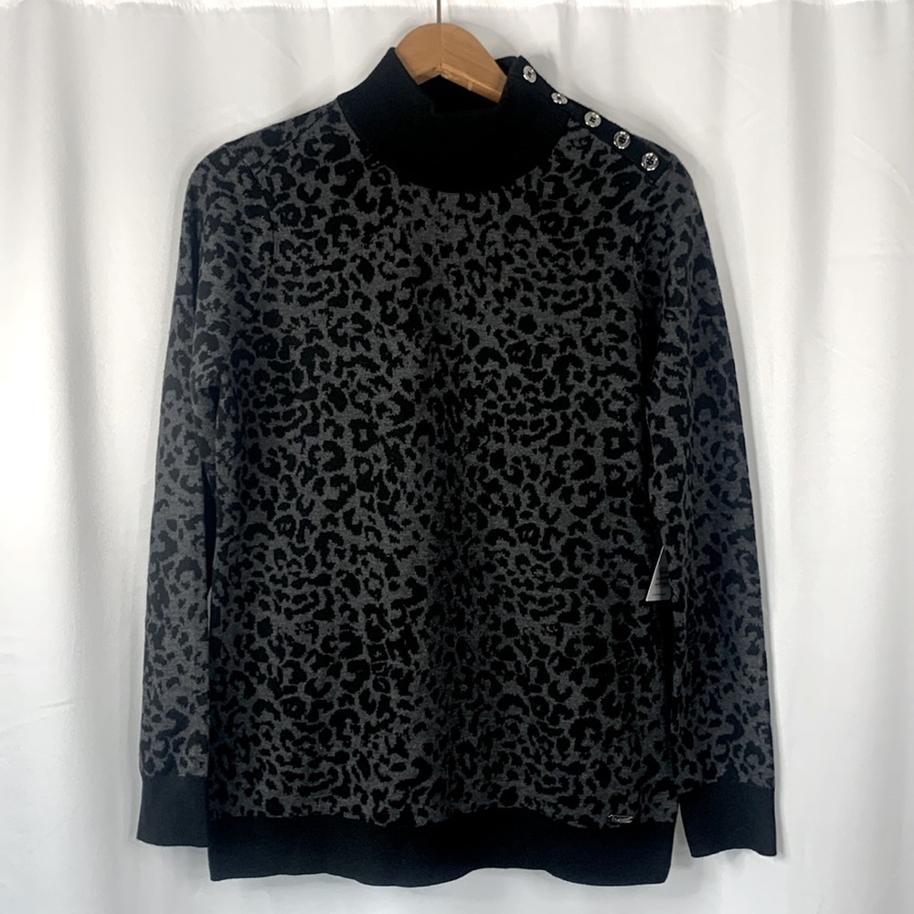 Calvin Klein Gray & Black Mock Neck Animal Print  Sweater w/ Silver Buttons- NWT